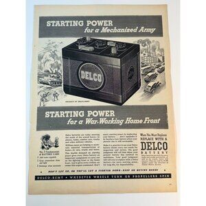 Vintage 1944 Delco Battery Mechanized Army Advertisement Print WW2